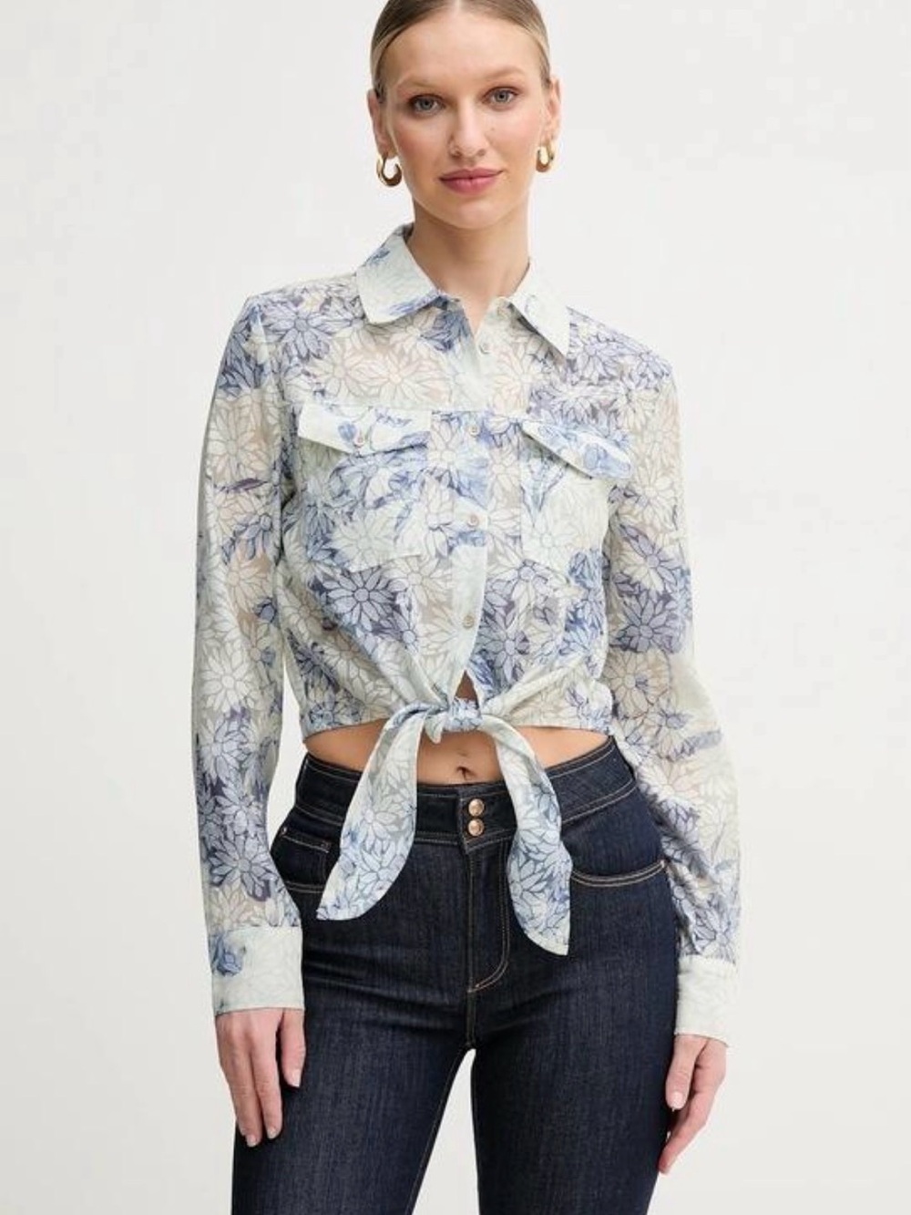 GUESS Adelaide Blue White Floral Tie Front Cropped Shirt Blouse XS